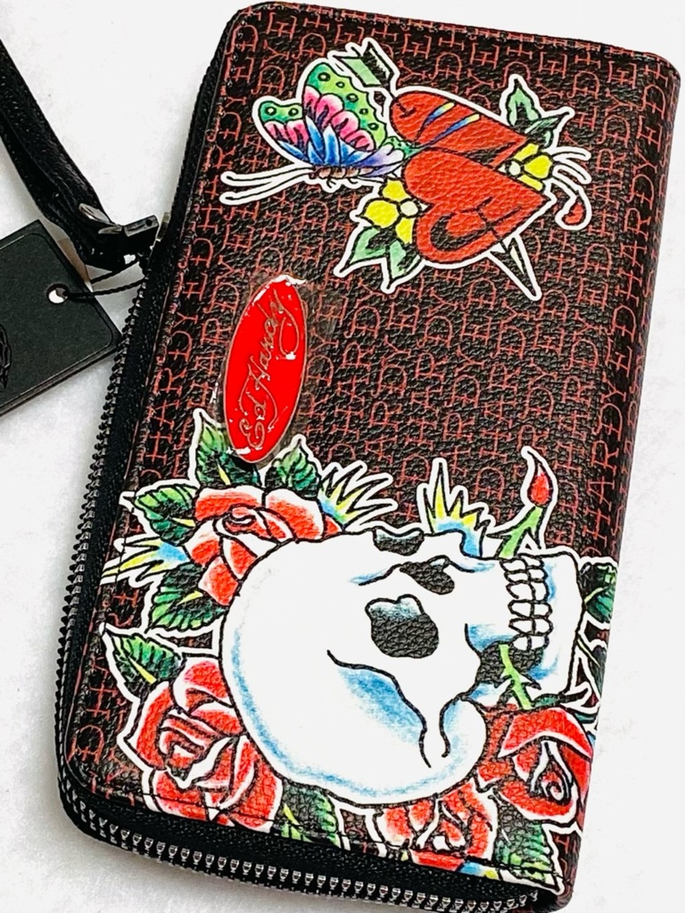Ed Hardy Skull Zip Around Wristlet Wallet Y2K Tattoo Rose Heart Butterfly NWT